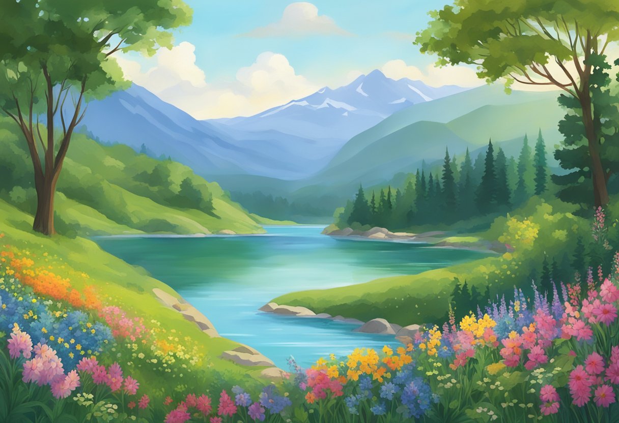 A serene lake nestled between lush green mountains, with a cascading waterfall in the distance and colorful wildflowers dotting the landscape.