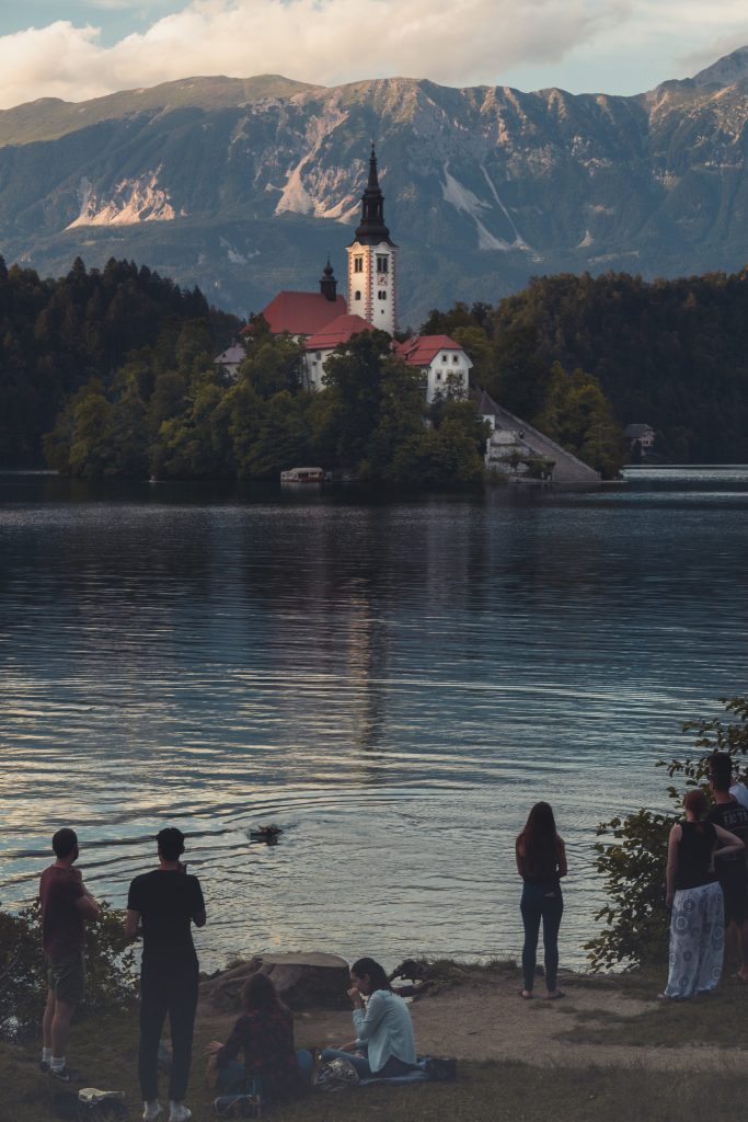 People at the lakeside of Lake Bled